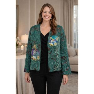 Indigo Moon Embroidered Beaded Blazer Jacket Size 12 Peacock Artwear NWT